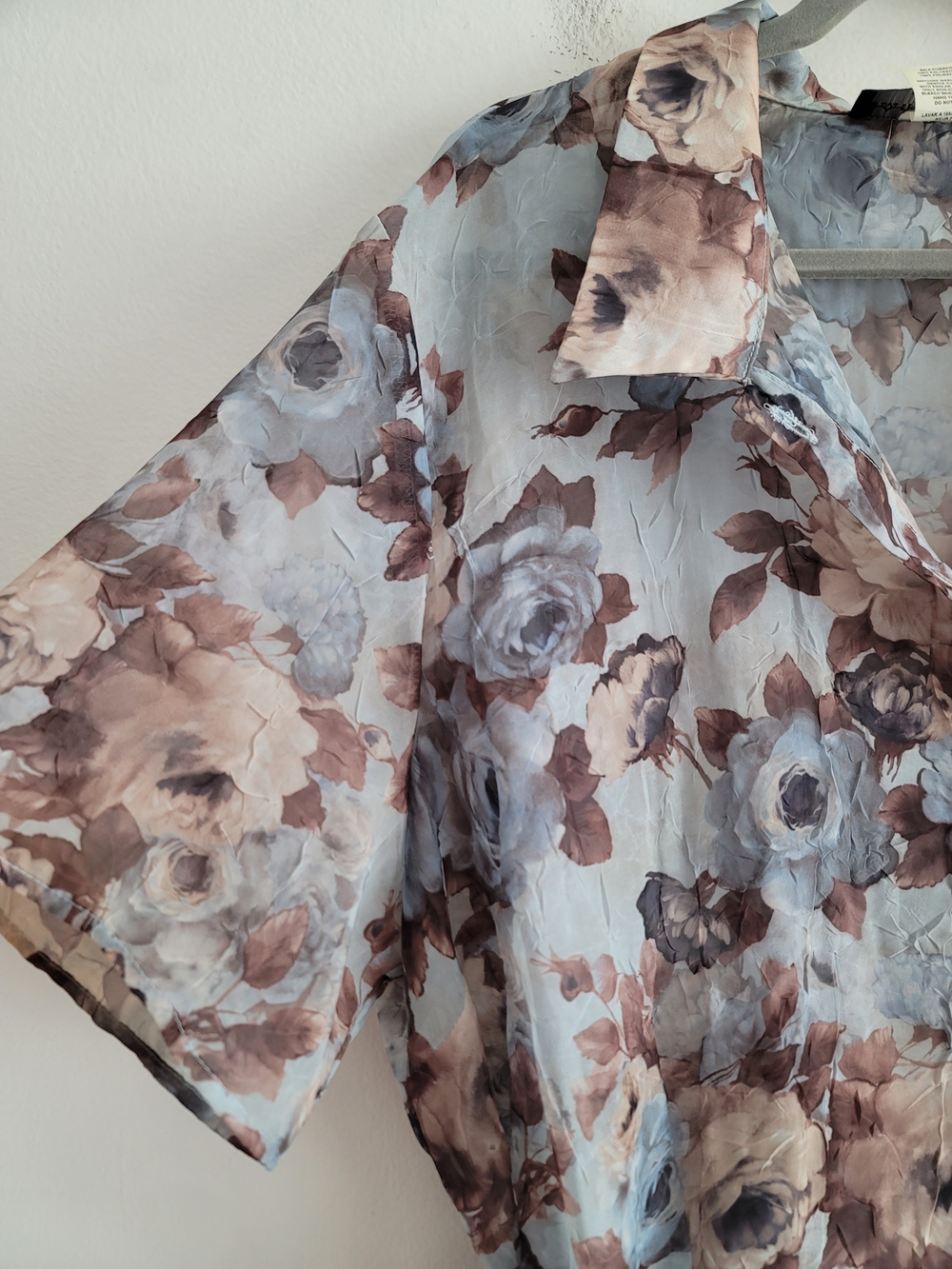VTG Connected Woman 22W 90s Floral Button Front Blouse Blue Brown Crinkle Tie - Picture 4 of 9